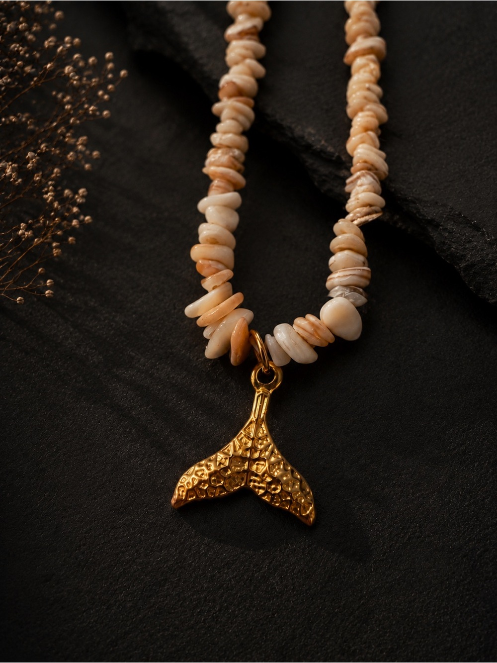 Gold tone Mermaid Tail Pendant Stone Necklace in Cream